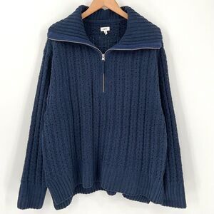 Aerie Cable Car Quarter Zip Sweater Oversized Chenille Knit Women XL Navy Blue